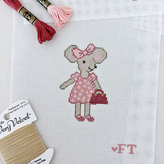 Needlepoint mouse in pink floral dress