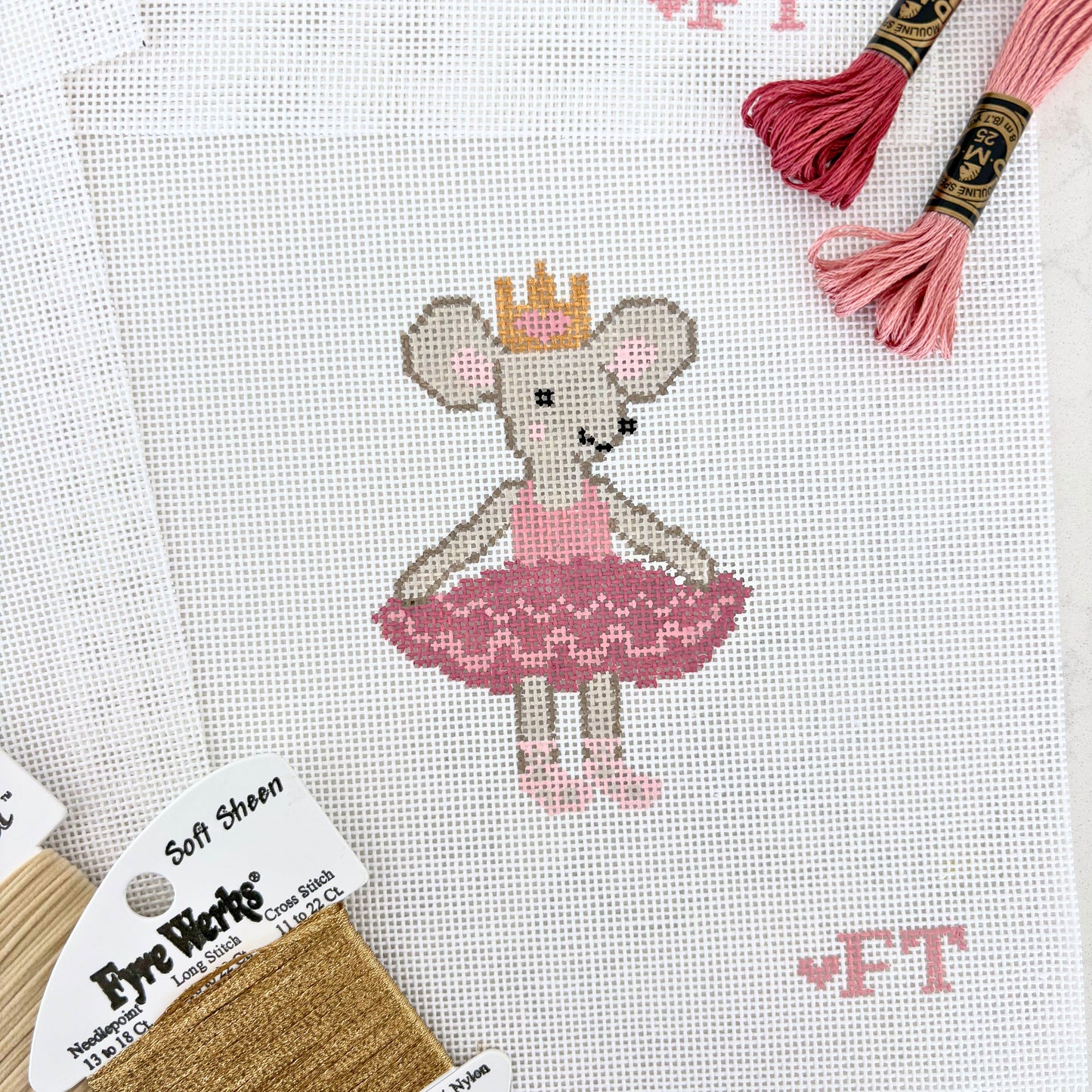 Needlepoint mouse in pink ballerina tutu with gold crown
