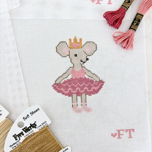 Needlepoint mouse in pink ballerina tutu with gold crown