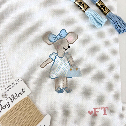 Needlepoint mouse in blue floral dress